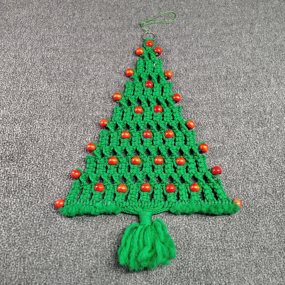 Vintage 1970s Green Beaded Macrame Christmas Tree Wall Hanging